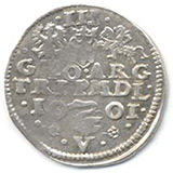Монета Сигизмунда Ваза. Внизу герб «Лебедь» Вел. казначея литовского Андрея Завиши